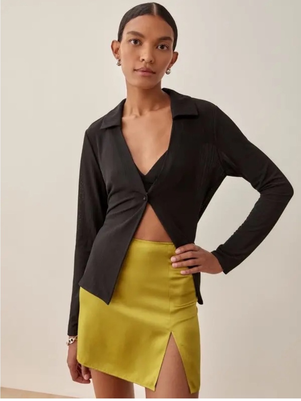 Robbie Skirt in Kalamata Olive/Mustard Yellow, 100% Silk Slip Mini Skirt